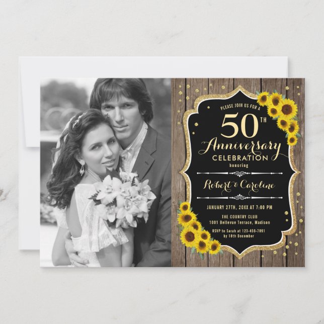 Invitation 50e anniversaire avec photo - Tournesols rustiques (Devant)