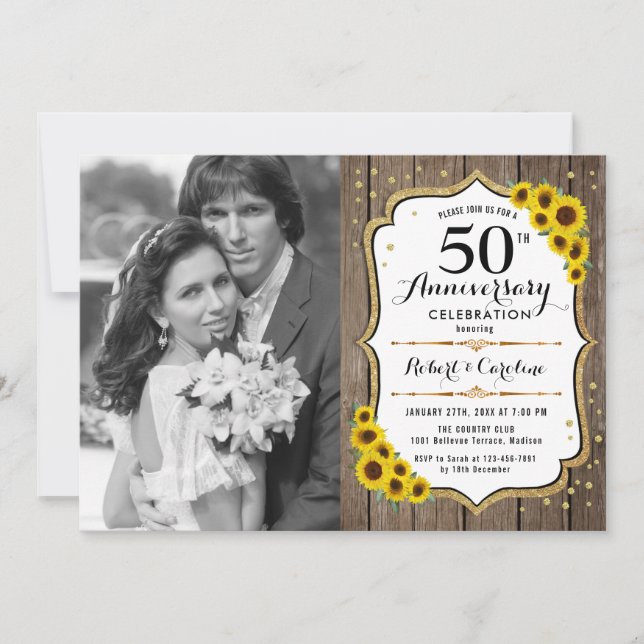 Invitation 50e anniversaire avec photo - Tournesols sur bois (Devant)