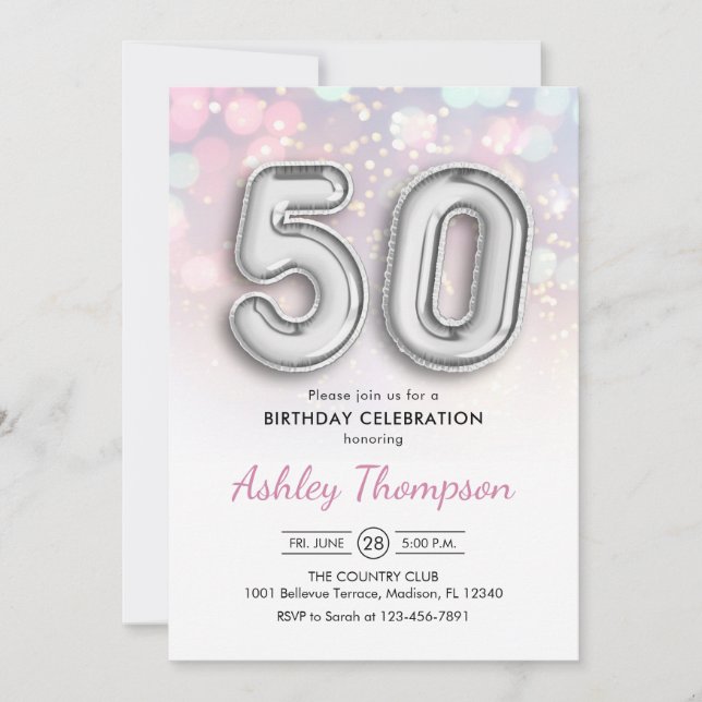 Invitation 50e anniversaire - Ballons d'argent Lumières rose (Devant)