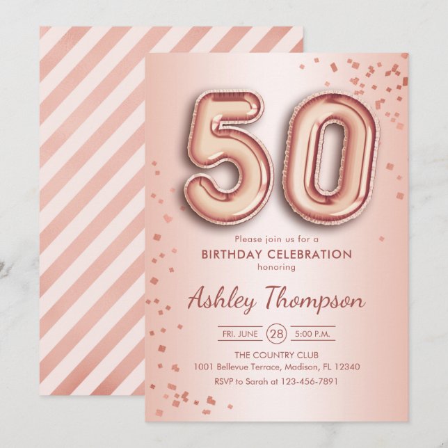 Invitation 50e anniversaire - Ballons d'or Rose (Devant / Derrière)