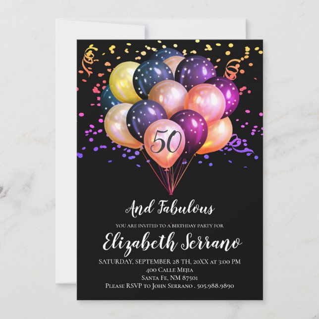 Invitation 50e anniversaire Ballons noirs et multicolores (Devant)