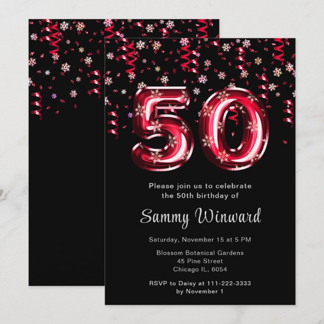 Invitation 50e anniversaire Ballons rouges Flocon de neige Co (Devant / Derrière)