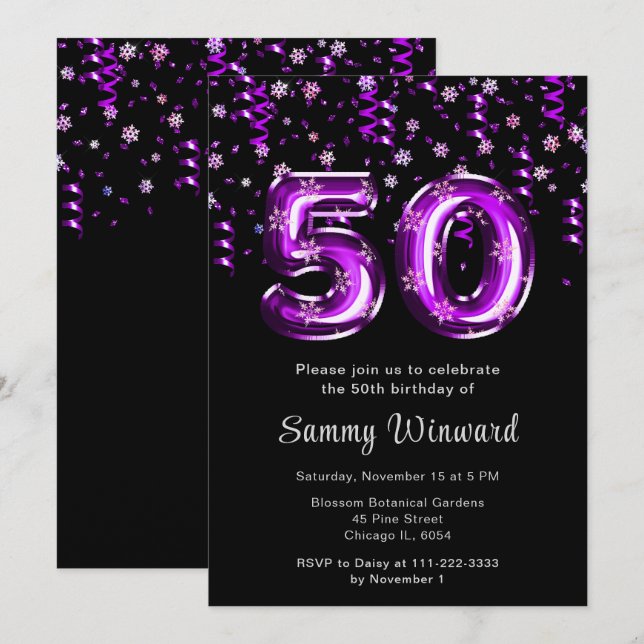 Invitation 50e anniversaire Ballons violets Snowflake Confett (Devant / Derrière)