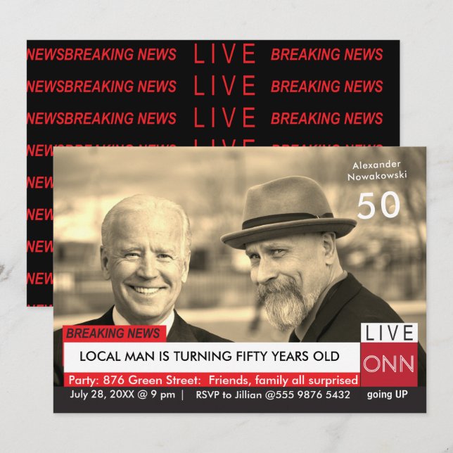 Invitation 50e anniversaire Biden Mens Funny TV News Invitati (Devant / Derrière)