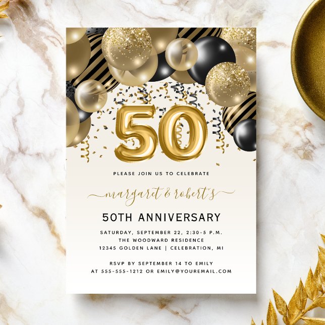 Invitation 50e anniversaire Black Gold Balloon Arch Party (Créateur téléchargé)