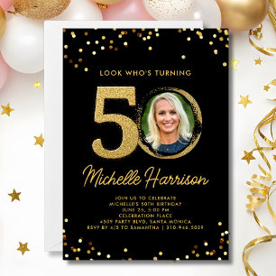 Invitation 50e Anniversaire Black Gold Confetti Photo