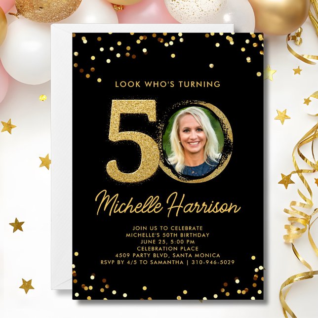 Invitation 50e Anniversaire Black Gold Confetti Photo (Créateur téléchargé)