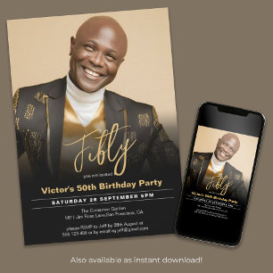 Invitation 50e anniversaire Black Gold Minimal photo moderne