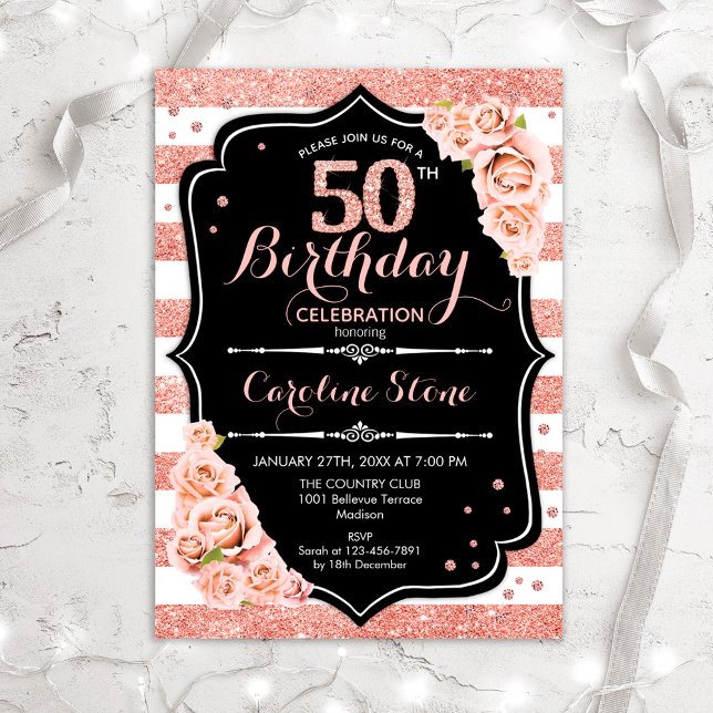 Invitation 50e anniversaire Black Rose Gold et White Stripes (Créateur téléchargé)