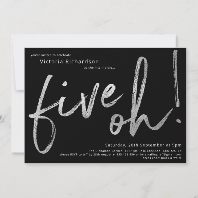 Invitation 50e anniversaire Black Silver Foil Cinq Oh Custom (Devant)