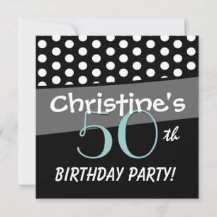 Invitation 50e anniversaire Black White Aqua Pois Metallic
