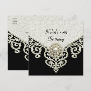 Invitation 50e anniversaire Black White Cream Pearl bijou