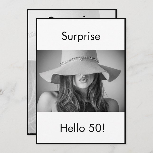 Invitation 50e anniversaire Black White Photo Surprise Elégan (Devant / Derrière)