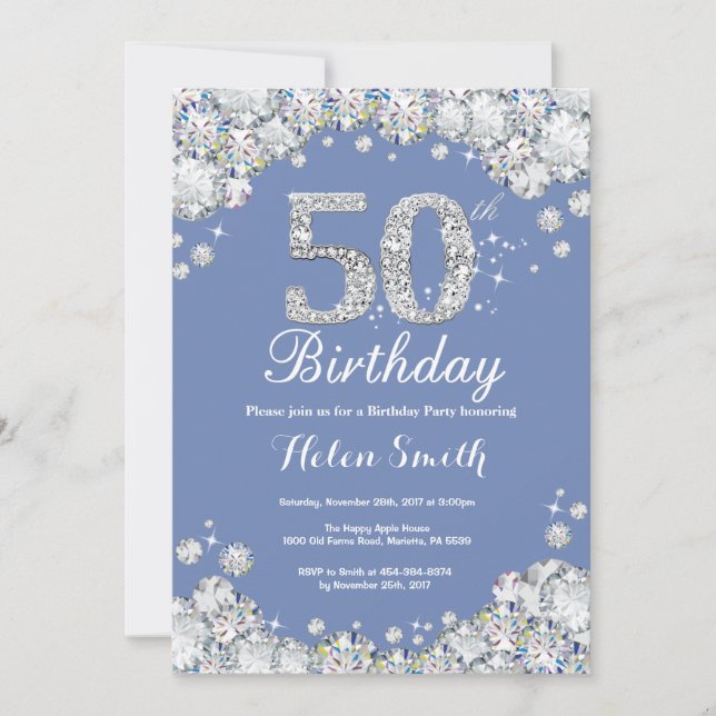 Invitation 50e anniversaire Bleu et Diamant d'argent (Devant)
