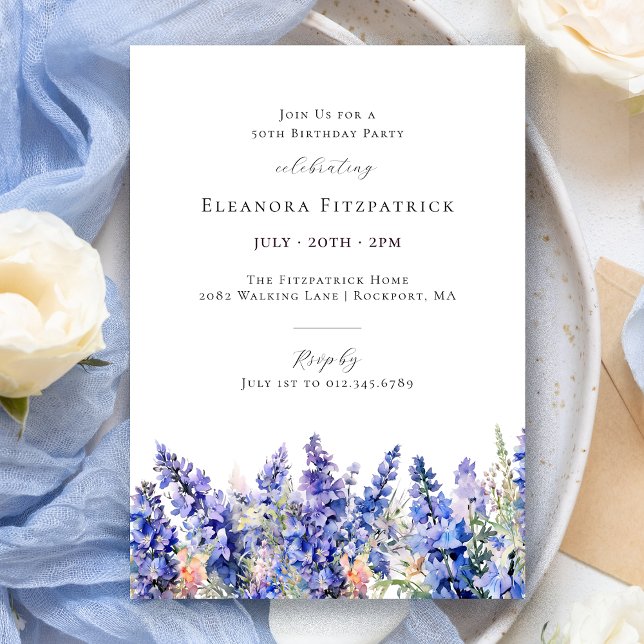 Invitation 50e anniversaire Bleu Larkspur Juillet Fleur de na (Créateur téléchargé)