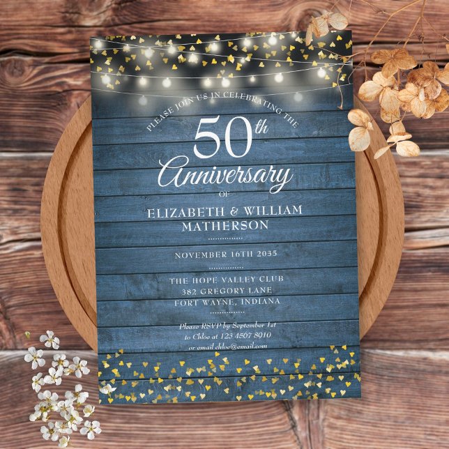 Invitation 50e Anniversaire Bleu Rustique Bois Coeurs Dorés (Créateur téléchargé)