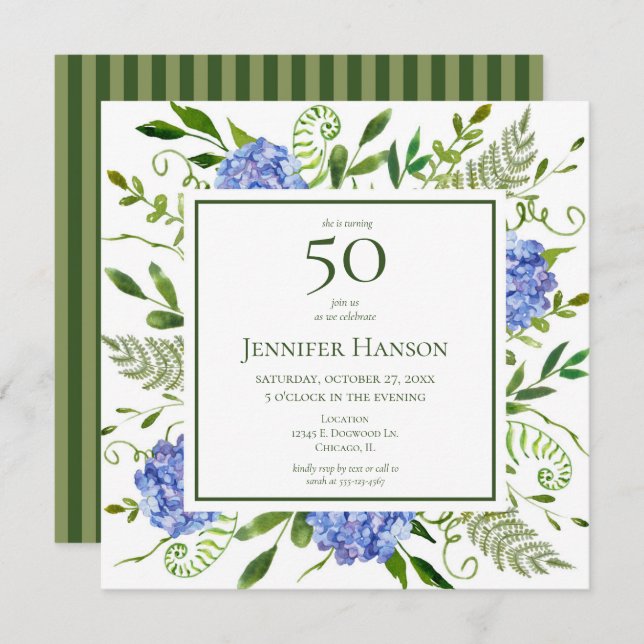 Invitation 50e anniversaire Blue Hydrangeas (Devant / Derrière)