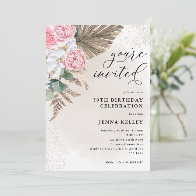Invitation 50e anniversaire Boho Foliage Tropical et Fleurs (Debout devant)