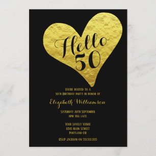 Invitation 50e anniversaire Bonjour 50 Noir Coeur Or Faux