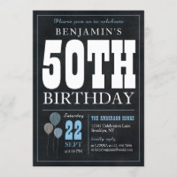 50e anniversaire Chalkboard Blue Balloon Rustic Ch