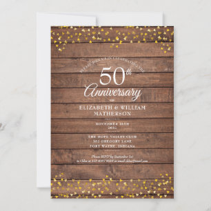 Invitation 50e anniversaire Coeurs d'or Bois rustique