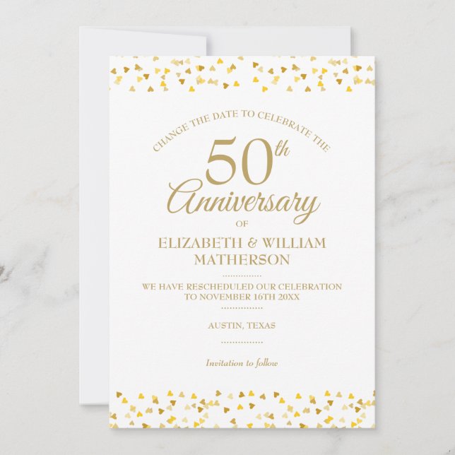 Invitation 50e Anniversaire Cœurs Dorés Changement de Date (Devant)