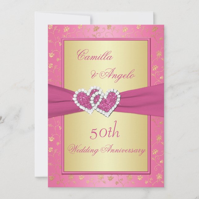 Invitation 50e Anniversaire Cœurs Unis Rose et Or (Devant)