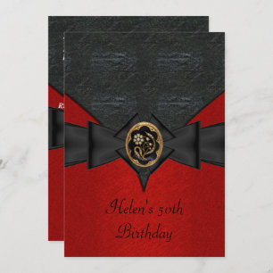 Invitation 50e Anniversaire Cuir Noir Rouge Bow bijou en or