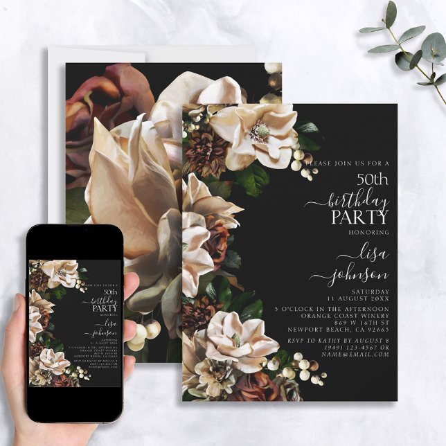 Invitation 50e anniversaire Dark Moody Neutral Magnolia Flora (Créateur téléchargé)