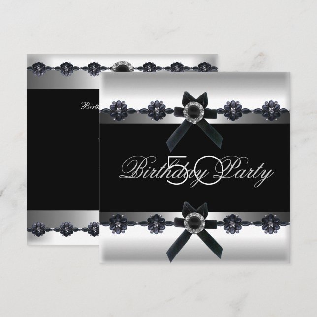Invitation 50e anniversaire de fête Argent Noir Blanc Diamant (Devant / Derrière)