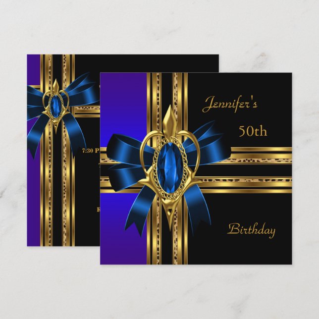 Invitation 50e Anniversaire de fête Bleu Coeur d'or Bijou (Devant / Derrière)