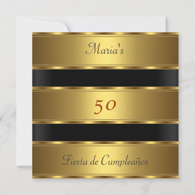Invitation 50e anniversaire de fête Gold Black Cumpleaños (Devant)