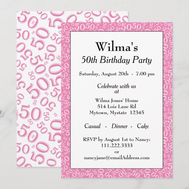 Invitation 50e anniversaire de fête rose/blanc Motif numériqu (Devant / Derrière)