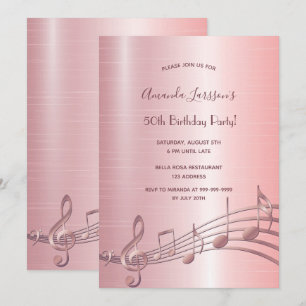 Invitation 50e anniversaire de fête rose notes de musique or