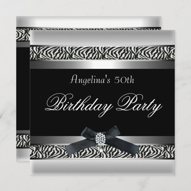 Invitation 50e anniversaire de fête Zebra Black White Diamond (Devant / Derrière)