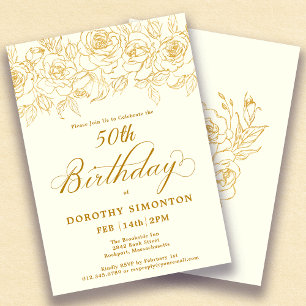 Invitation 50e anniversaire de la fête d'or Rose Floral Ivory