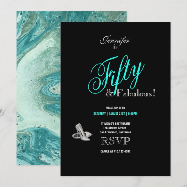 Invitation 50e anniversaire de la fête Stilettos Turquoise Po (Devant / Derrière)