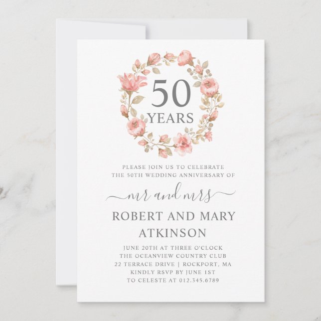Invitation 50e anniversaire de la floraison rose Mariage (Devant)