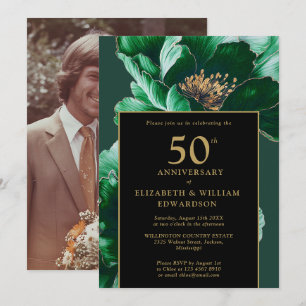 Invitation 50e anniversaire de la florale verte noire et or