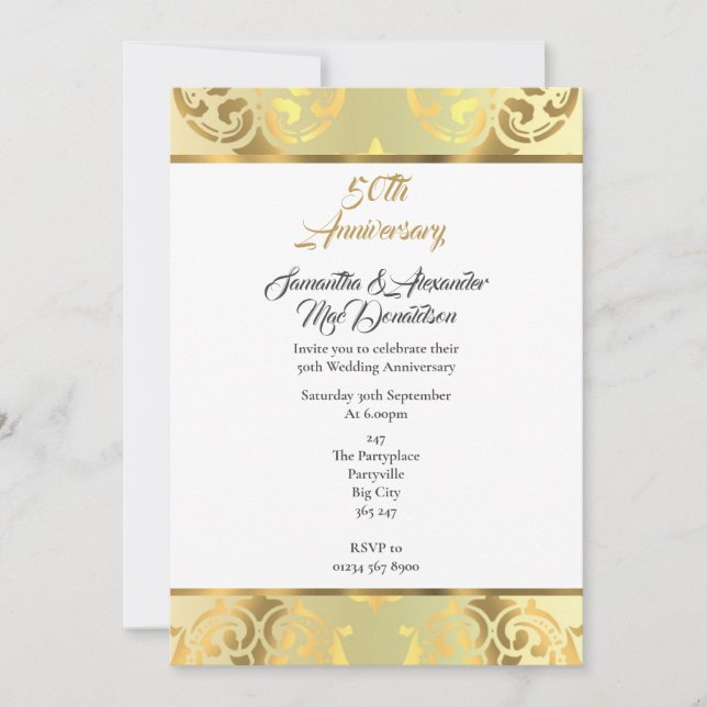 Invitation 50e anniversaire de l'élégant damas d'or (Devant)