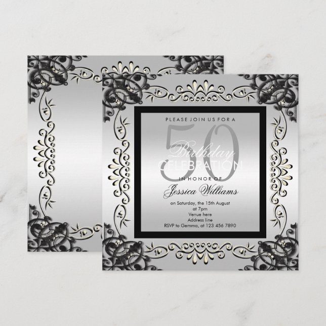 Invitation 50e anniversaire de l'élégante Silver & Black Wome (Devant / Derrière)