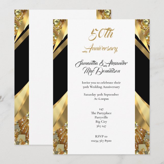 Invitation 50e anniversaire de l'or de luxe et du noir (Devant / Derrière)
