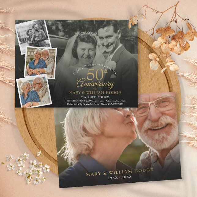 Invitation 50e anniversaire de mariage 5 photos en collage (50th Wedding Anniversary 5 Photo Collage Invitation)
