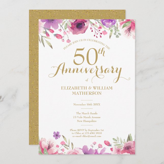 Invitation 50e anniversaire de mariage aquarelle florale (Devant / Derrière)