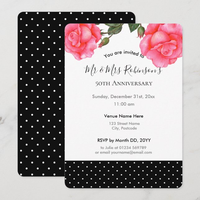 Invitation 50e Anniversaire de Mariage Aquarelle Rose Rose (Devant / Derrière)