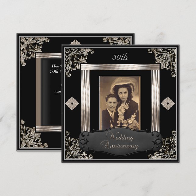 Invitation 50e anniversaire de mariage Art Déco noir sépia (Devant / Derrière)