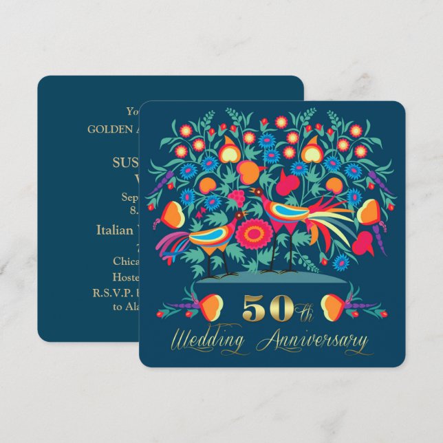 Invitation 50e Anniversaire de Mariage Art Populaire (Devant / Derrière)