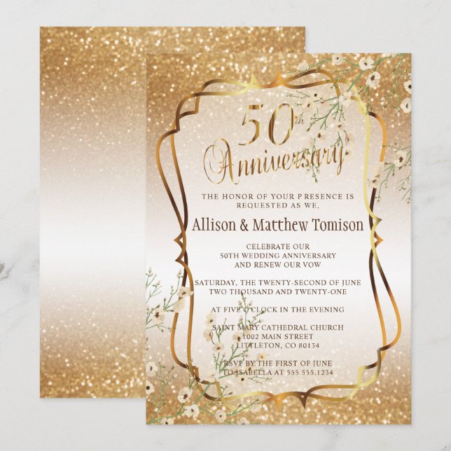 Invitation 50e Anniversaire de Mariage au Paillettes d'Or | T (Devant / Derrière)