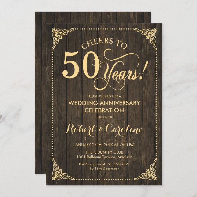Invitation 50e anniversaire de mariage - Bois doré (Devant / Derrière)