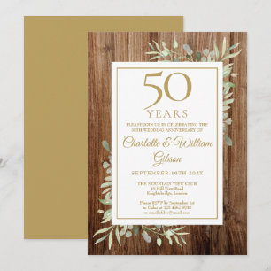 Invitation 50e anniversaire de mariage Bois rustique Feuillag